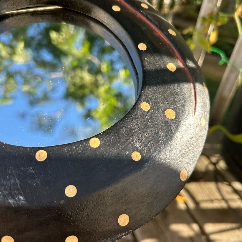 Vtg 90s Whimsical 12.5” X 8” Black Polk a Dot Cat Boho Mirror Indonesia - Picture 9 of 15